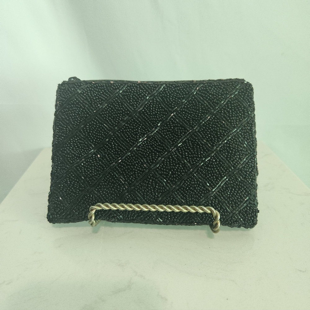 Vintage Lancome Black Beaded Clutch Purse. Small Evening Hand Bag